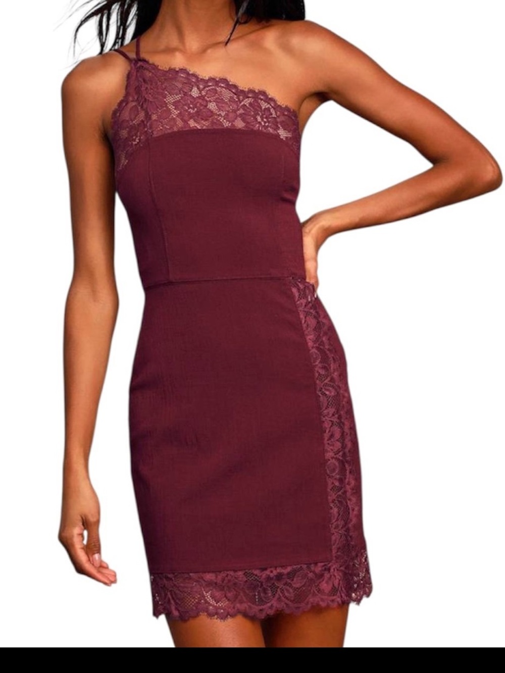 Free People One-Shoulder Lace Trim Dress in Deep Burgundy
